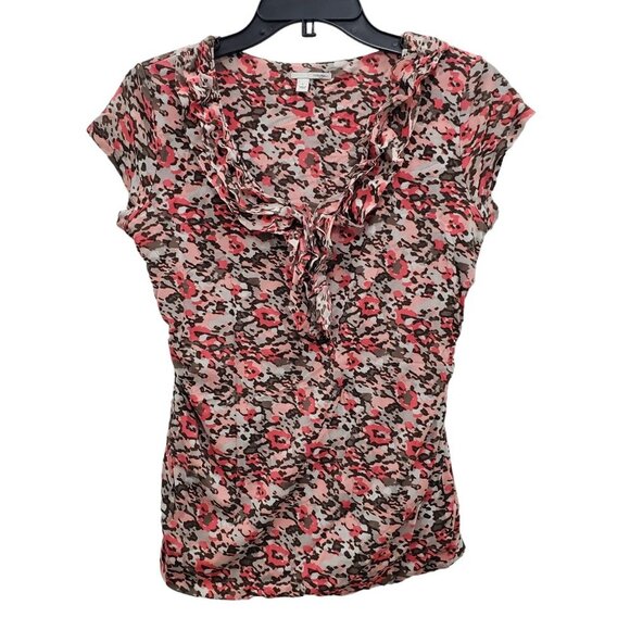 Halogen Women's Nylon Pink Brown Camo Print Bubble Hem Ruffle Neck‎ Top Size L - Picture 1 of 5